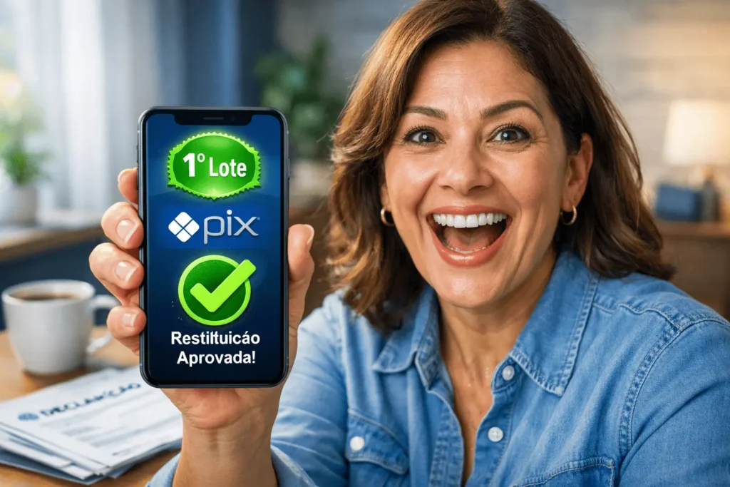 Mulher feliz vendo no celular que está na lista de prioridade do 1º lote da restituição do Imposto de Renda 2026.