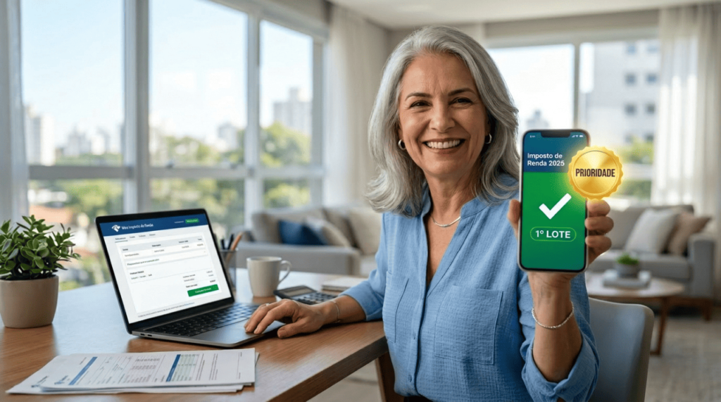 Mulher madura sorrindo ao ver no celular que tem prioridade na restituição do IR 2026 para receber no 1º lote.