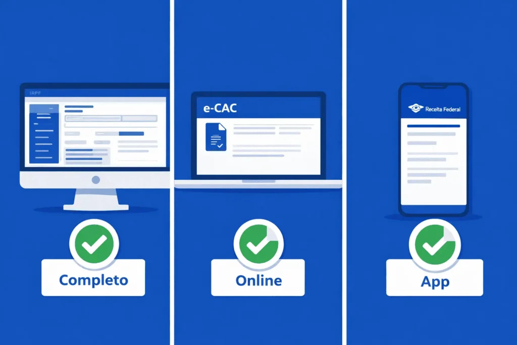 Comparativo visual entre o programa IRPF 2026 instalado no computador, a declaração online pelo e-CAC e o app Receita Federal no celular
