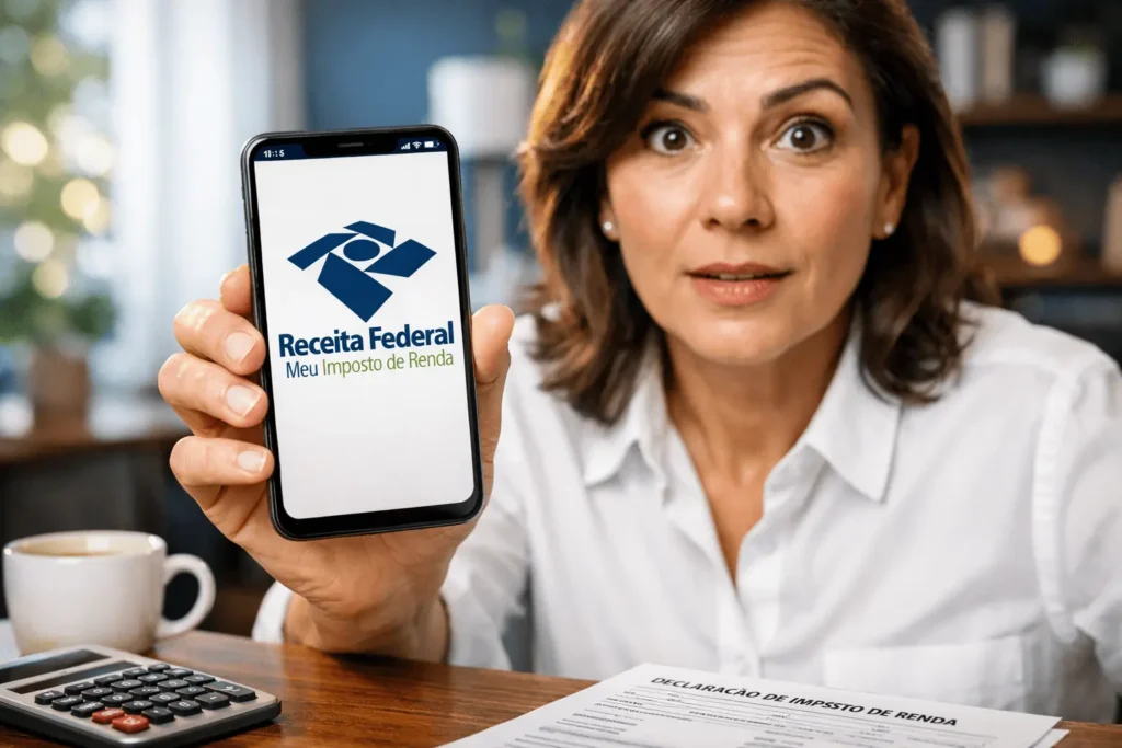 Mulher brasileira atenta e surpresa conferindo um checklist no celular e calculando seus rendimentos para descobrir se é obrigada a declarar o Imposto de Renda (IRPF) 2026, de acordo com as novas regras.