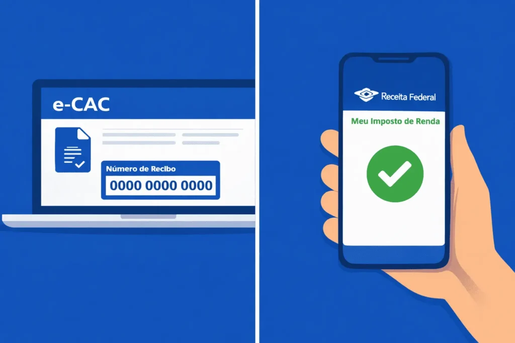 Tela do e-CAC mostrando o serviço Meu Imposto de Renda com número do recibo do IR destacado ao lado do app Receita Federal no celular