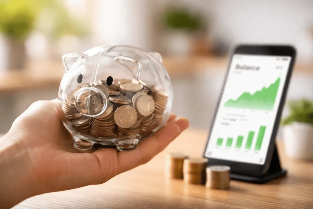 Cofrinho de reserva de emergência com gráfico de rendimento ao fundo — Selic 14,75% em 2026