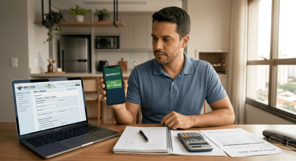 Pessoa declarando saldo de carteira de apostas bets no programa IRPF 2026 em Bens e Direitos com ComprovaBet