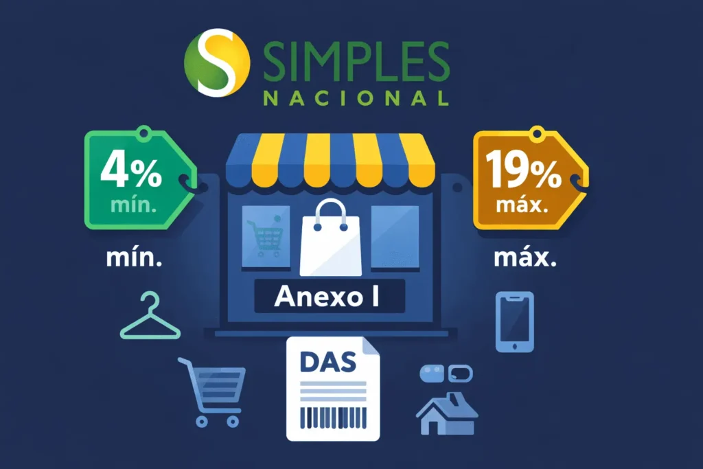Simples Nacional Comércio 2026: Anexo I com alíquotas de 4% a 19% para lojas, e-commerce e distribuidoras