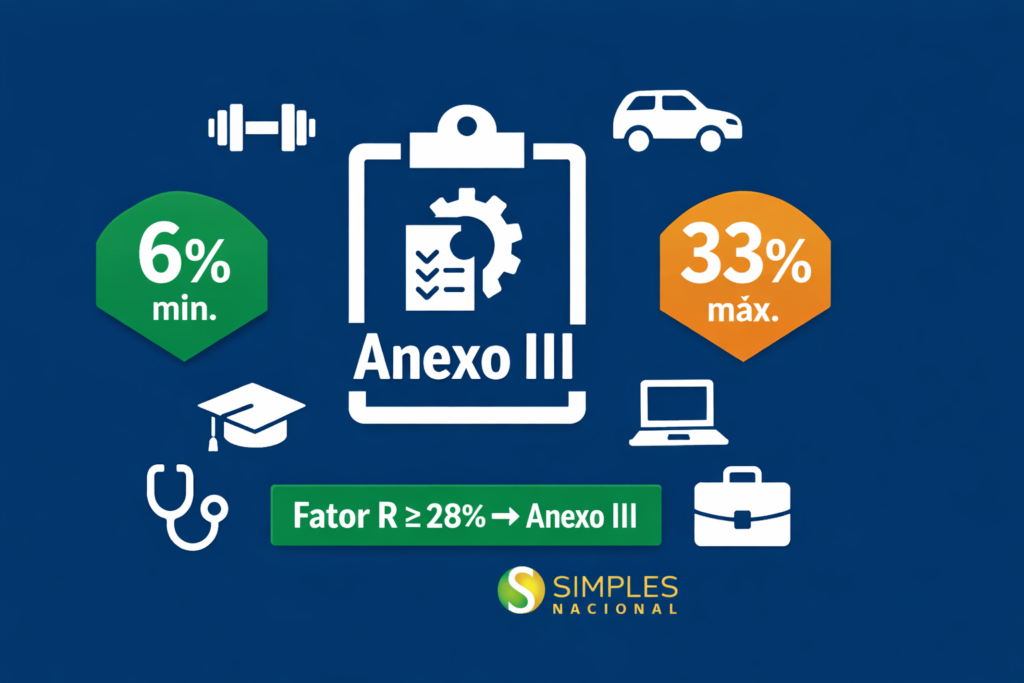 Simples Nacional Serviços 2026: Anexo III com alíquotas de 6% a 33% para academias, escolas, transportes e empresas com Fator R