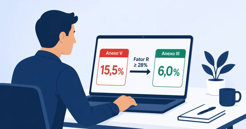 Profissional de TI usando Fator R para migrar do Anexo V (15,5%) ao Anexo III (6%) no Simples Nacional 2026