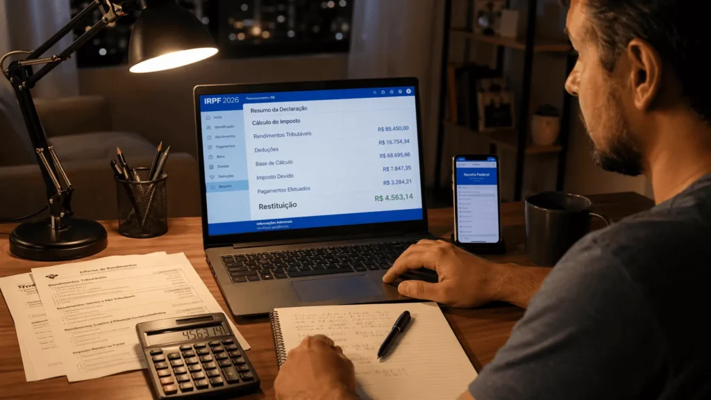 Homem calculando o valor da restituição IRPF 2026 no notebook com documentos, calculadora e informe de rendimentos