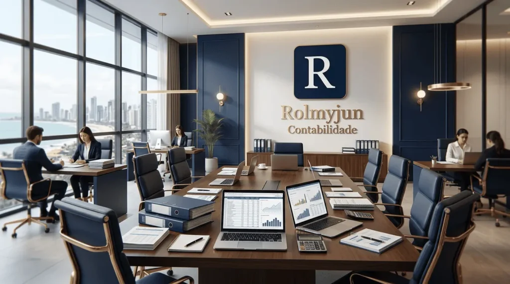 Sala de escritório do Escritório de Contabilidade Rolmyjun em Fortaleza, com mesa de reunião, documentos fiscais organizados e logotipo da empresa ao fundo