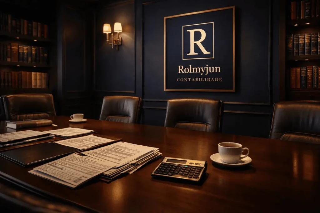 Sala de reunião sofisticada em escritório contábil com mesa de madeira, documentos fiscais, calculadora e logo Rolmyjun oficial